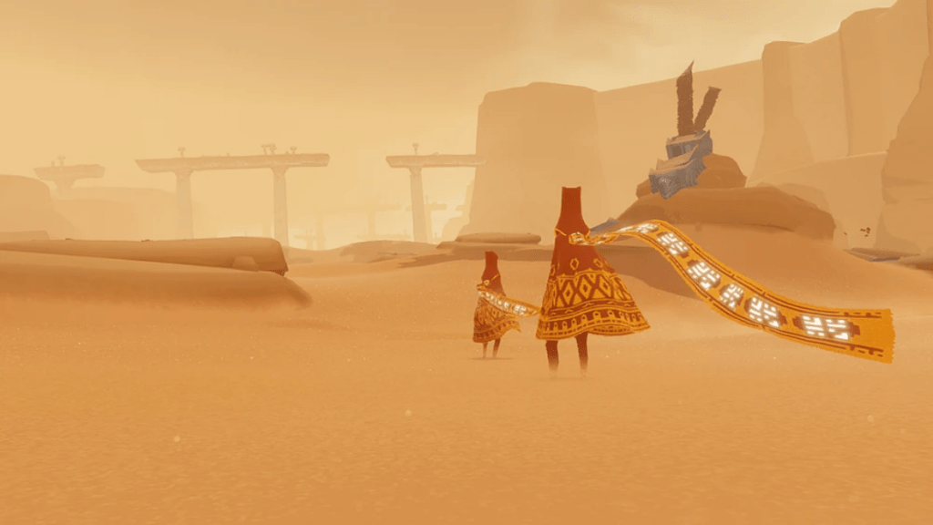 Shot of Journey player characters with their scarves.